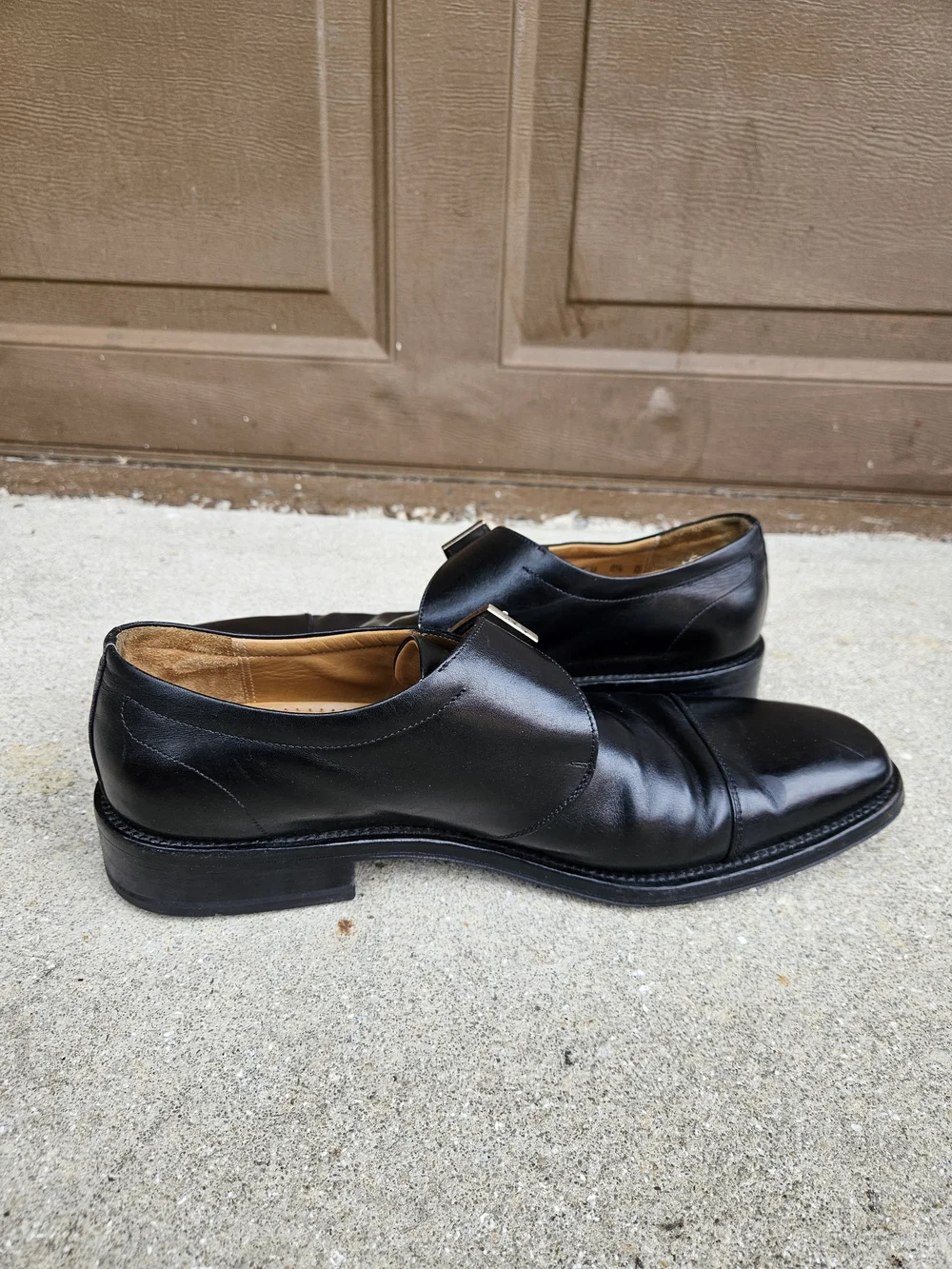 Salvatore Ferragamo, Men's Single Monk Strap Dress Shoes, Black Leather, 9.5D